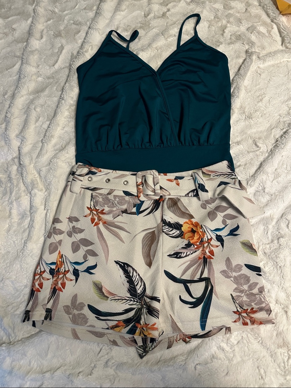 SHEIN Teal Green Tank with Cream Floral Belted Shorts